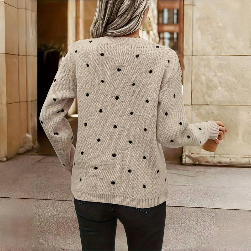 Women’s Polka Dot Knit Sweater with Round Neck and Long Sleeves