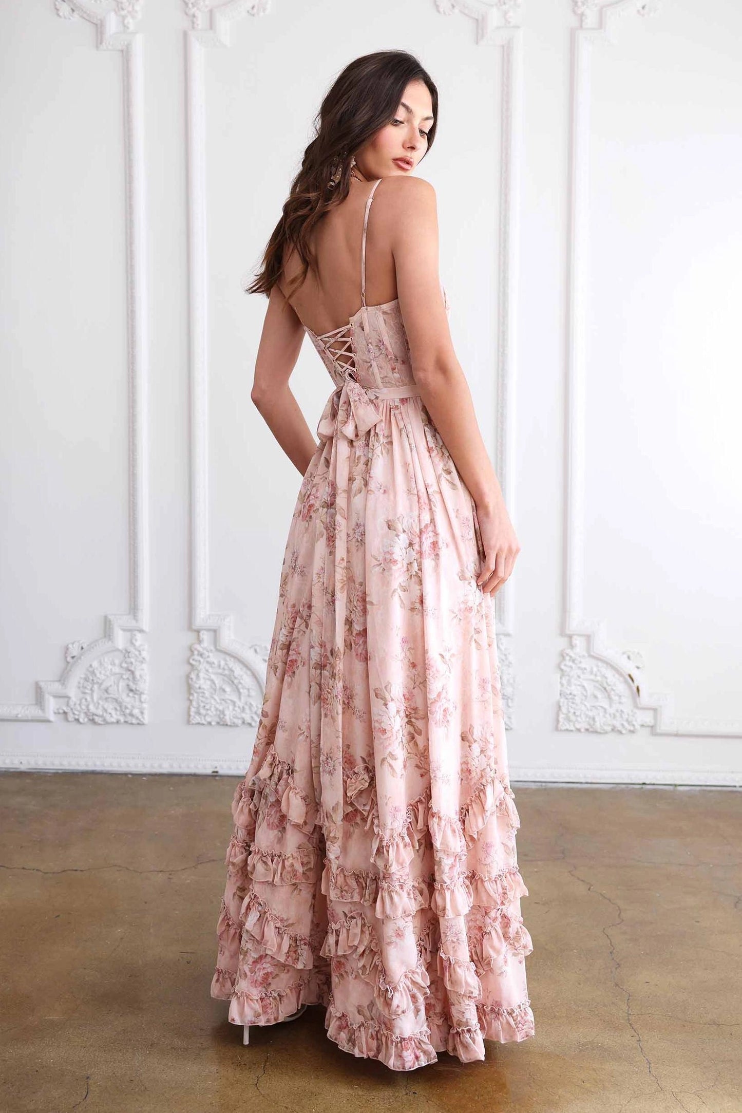 Delphine – Ruffled Floral Maxi with Side Split