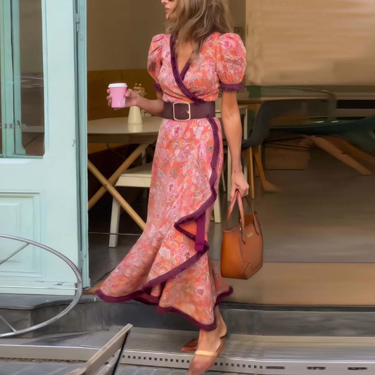 Gracie - Elegant Pink Short Sleeve Maxi Dress