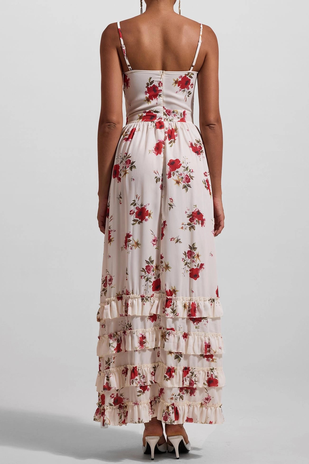 Delphine – Ruffled Floral Maxi with Side Split